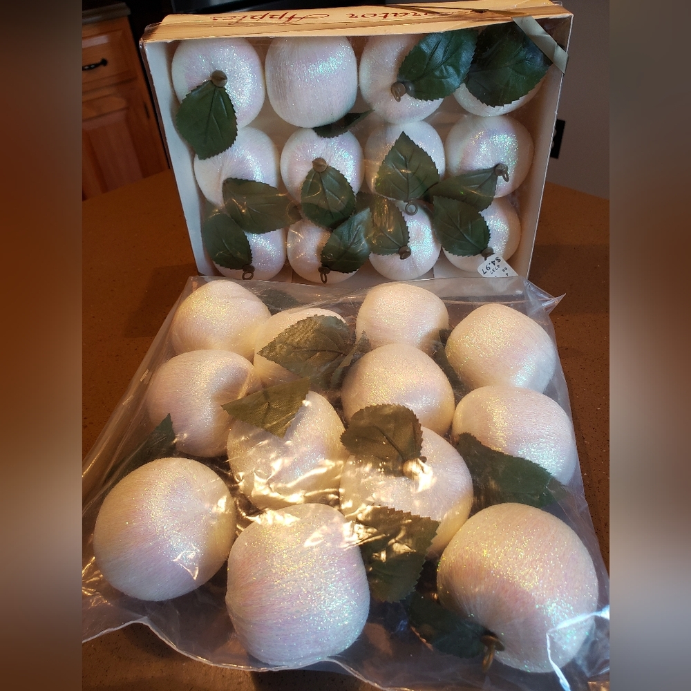 Vintage White Silk Wrapped Apple Ornaments